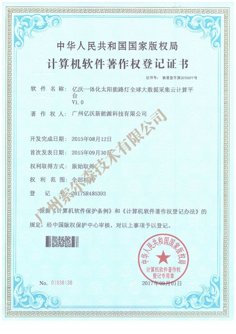 亿沃软著证书2017